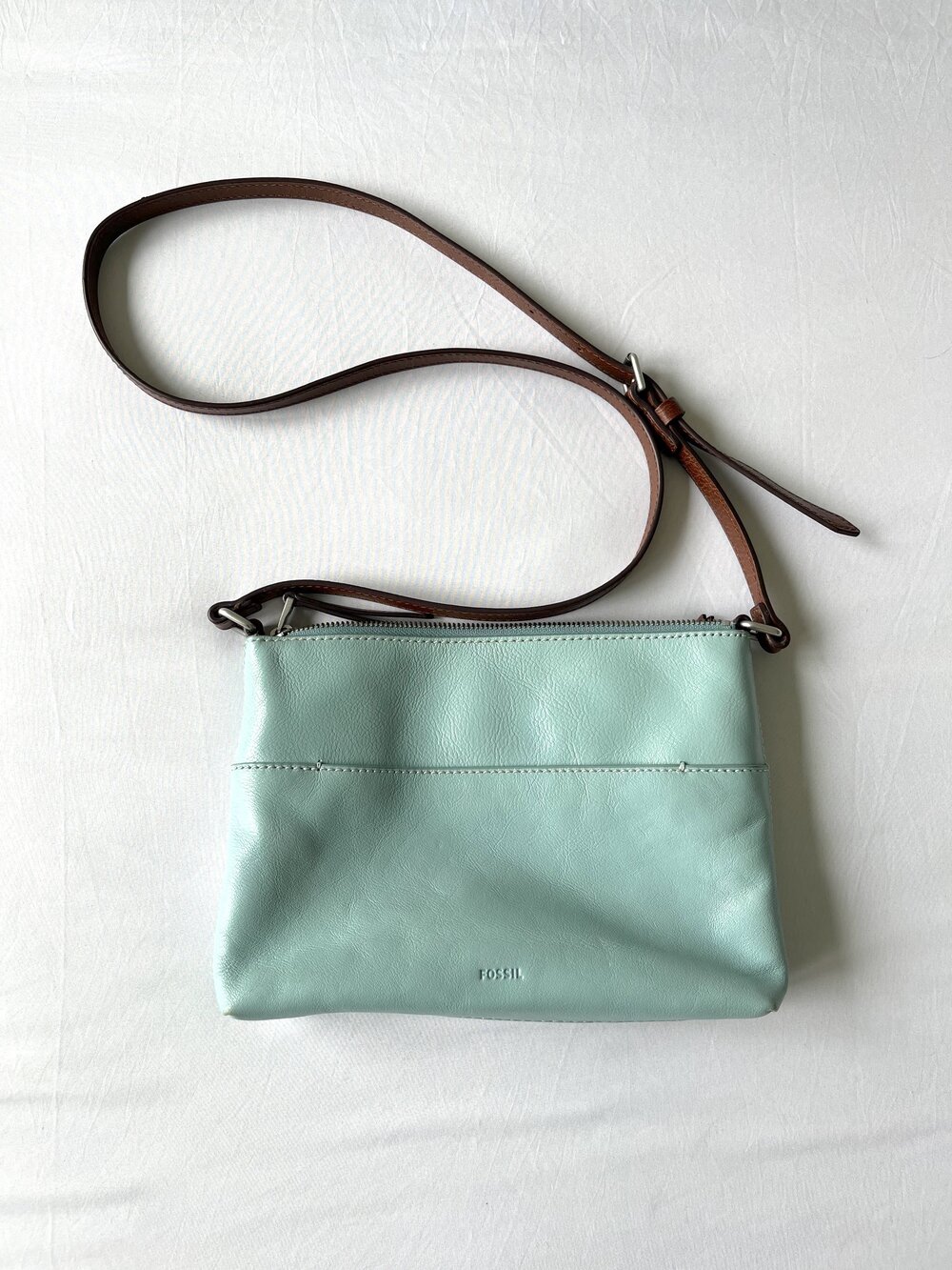 Fossil Fiona Leather Crossbody Soft Girl Bag - Robin's Egg Blue & Brown